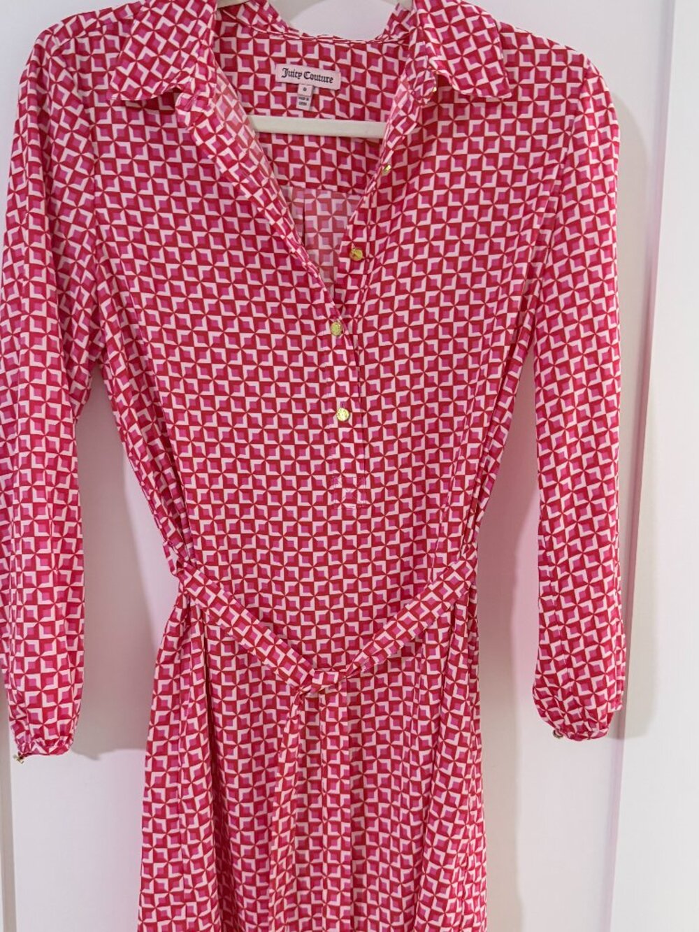 Juicy Couture Pink Geometric Shirt Dress Size 0 Belted Gold Button Detail